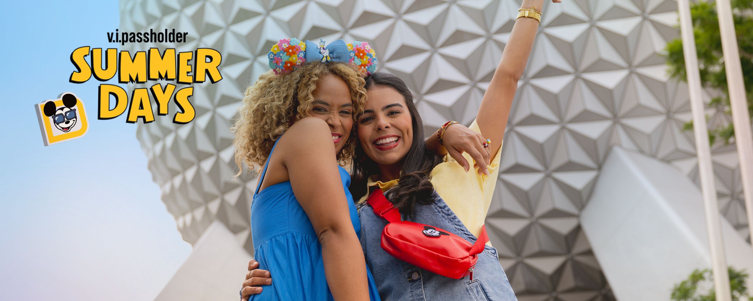 Two Guests posing in front of Spaceship Earth during V I Passholder Summer Days